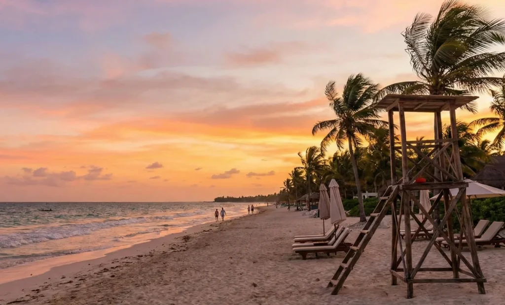 Sunset beach with palm trees and empty loungers – Gemini 3 Nano Banana Pro Review themed visual