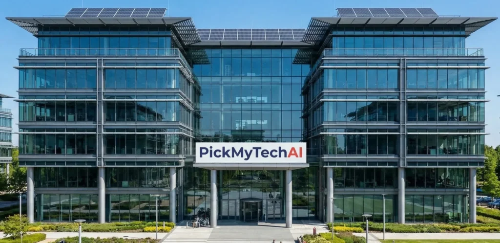 Corporate glass building with PickMyTechAI branding – Gemini 3 Nano Banana Pro Review themed graphic