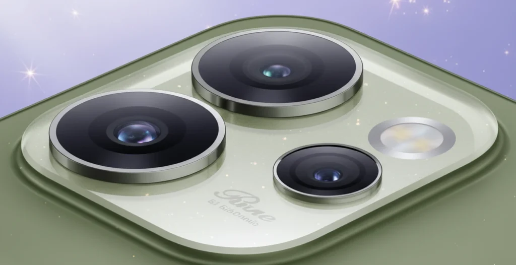 Oppo Reno 15 Pro Features: Detailed view of the triple-lens rear camera setup, showcasing advanced optics and unique "Rinne" branding on the device's back.