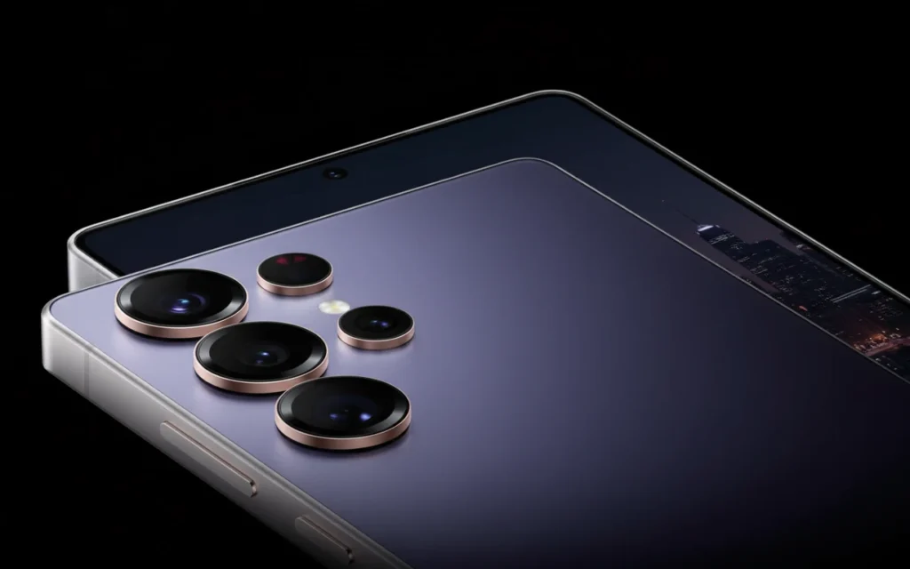 A sleek, side-view mockup of the Samsung Galaxy S26 Ultra highlighting its thin bezel, matte finish, and titanium frame.