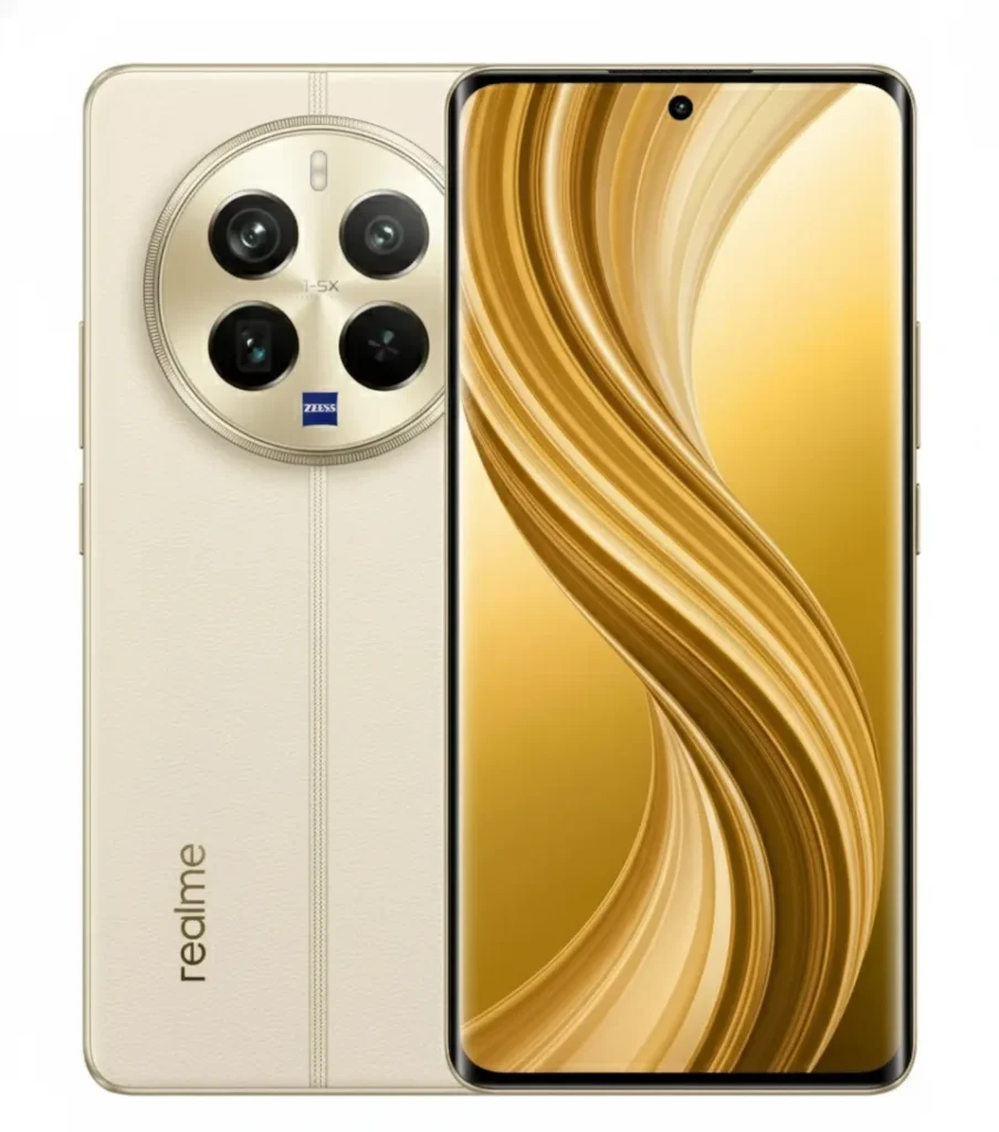A gold-colored 5G curved display phone, showing both its front with a vibrant, swirling display and its back with a prominent circular camera module featuring multiple lenses and "ZEISS" branding.