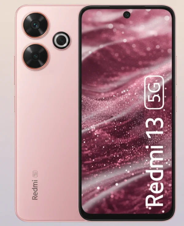 Best 108 MP Camera Phones Under ₹12,000 in India (2025) - Image of a pink Redmi 13 5G smartphone, showcasing its dual-camera setup and "Redmi 13 5G" text on the display.