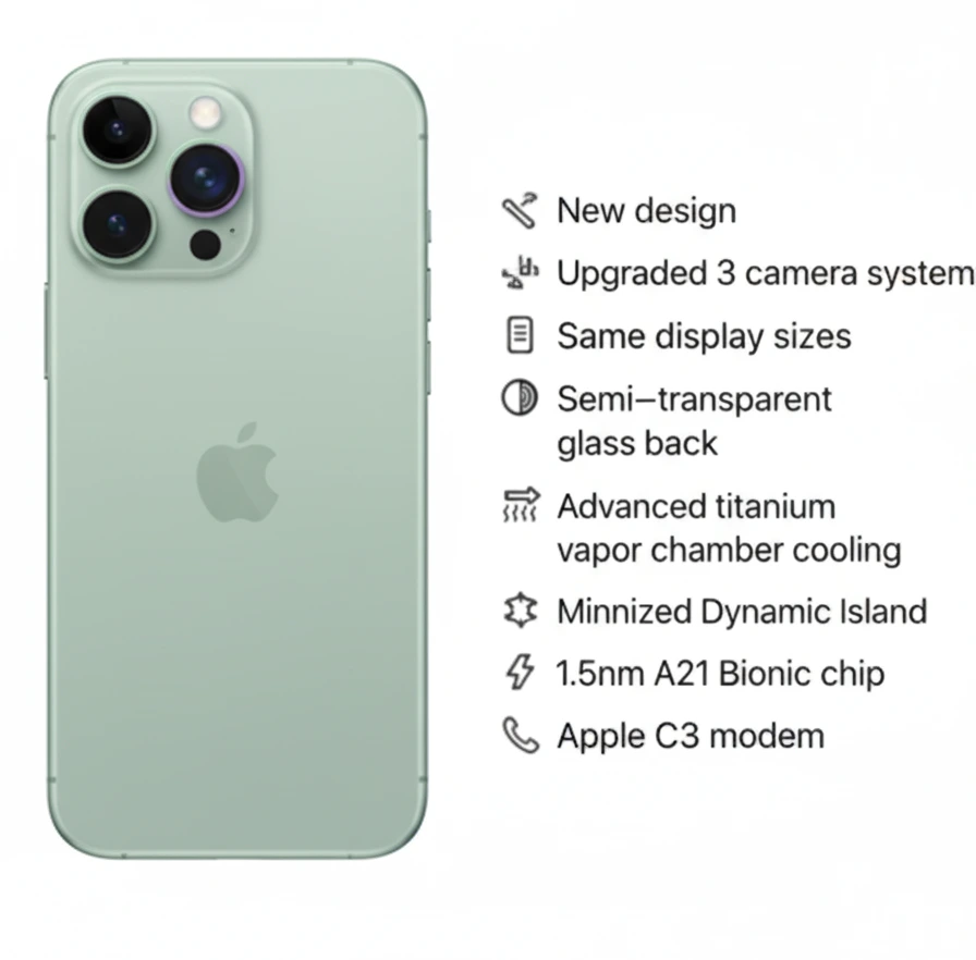 iPhone 18 Pro Max Release Date in USA: An infographic detailing rumored features like new design, upgraded 3-camera system, 1.5nm A21 Bionic chip, and titanium cooling for the iPhone 18 Pro Max.