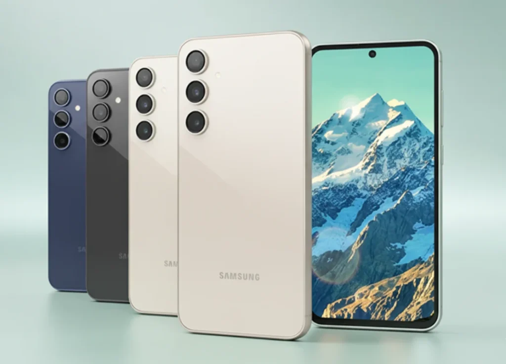 A line-up of four Samsung 5G curved display phones in different colors (blue, black, two shades of white/cream), with the front display of the foremost phone showing a mountain landscape, highlighting their sleek design.