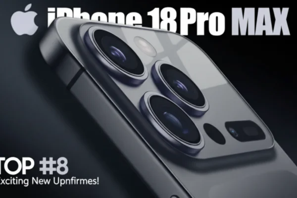 iPhone 18 Pro Max Release Date in USA: A dramatic, close-up shot of the iPhone 18 Pro Max in space black, emphasizing its robust design, advanced cameras, and "TOP #8 Exciting New Upgrades" text.
