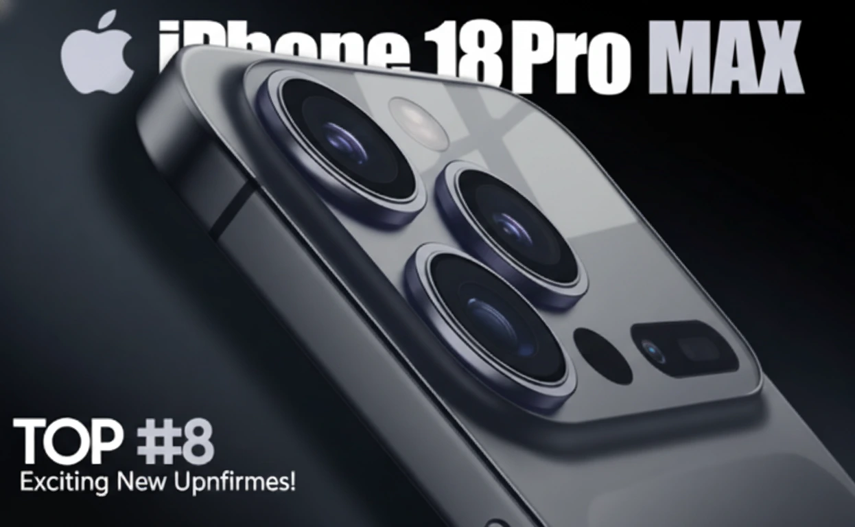 iPhone 18 Pro Max Release Date in USA: A dramatic, close-up shot of the iPhone 18 Pro Max in space black, emphasizing its robust design, advanced cameras, and "TOP #8 Exciting New Upgrades" text.