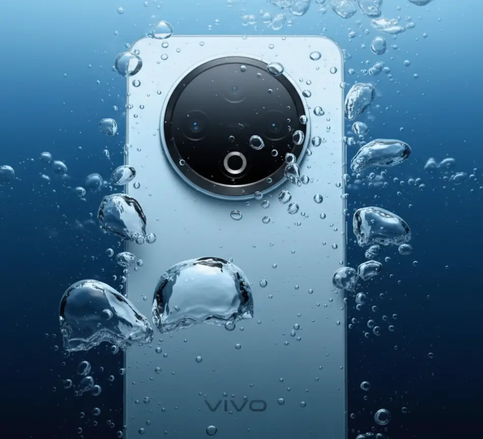 Vivo Y500 Pro 5G Price in India Launch Date Blue Vivo Y500 Pro 5G submerged in water with bubbles, demonstrating its waterproof capabilities.