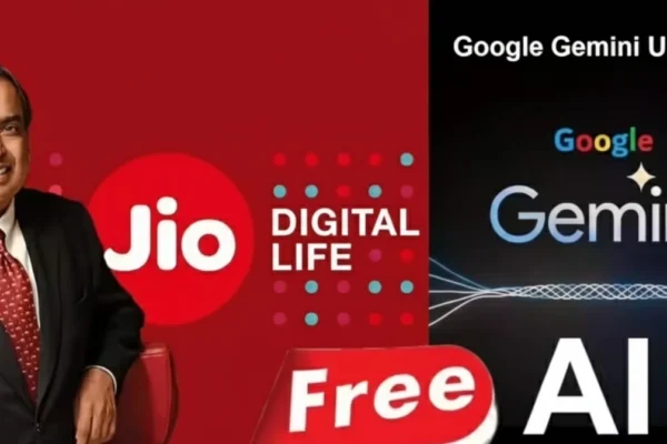 Jio and Google Team Up: Mukesh Ambani with Jio Digital Life branding and the Google Gemini Unleashed logo, highlighting 18 months of Free Gemini Pro for Indian Users.