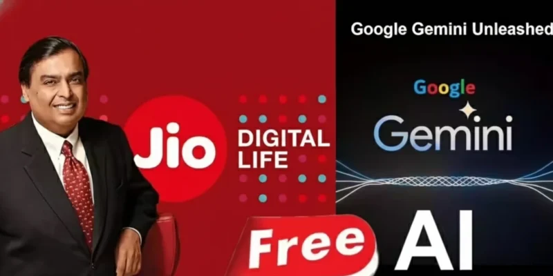 Jio and Google Team Up: Mukesh Ambani with Jio Digital Life branding and the Google Gemini Unleashed logo, highlighting 18 months of Free Gemini Pro for Indian Users.