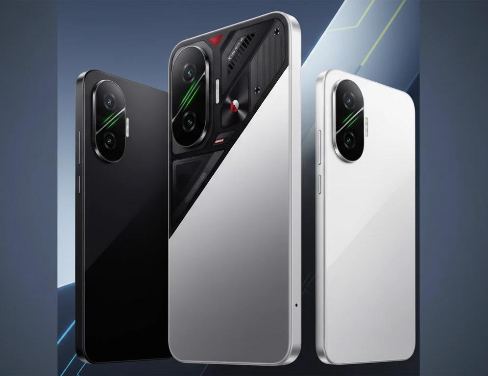 A futuristic POCO concept phone display with a large battery and fast charging icon, highlighting the F8's rumored features.