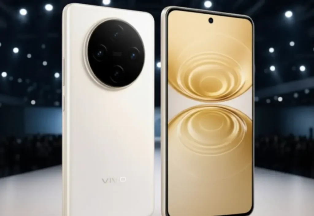 Vivo Y500 Pro 5G Price in India Launch Date White Vivo Y500 Pro 5G phone with a gold display, featured on a runway.