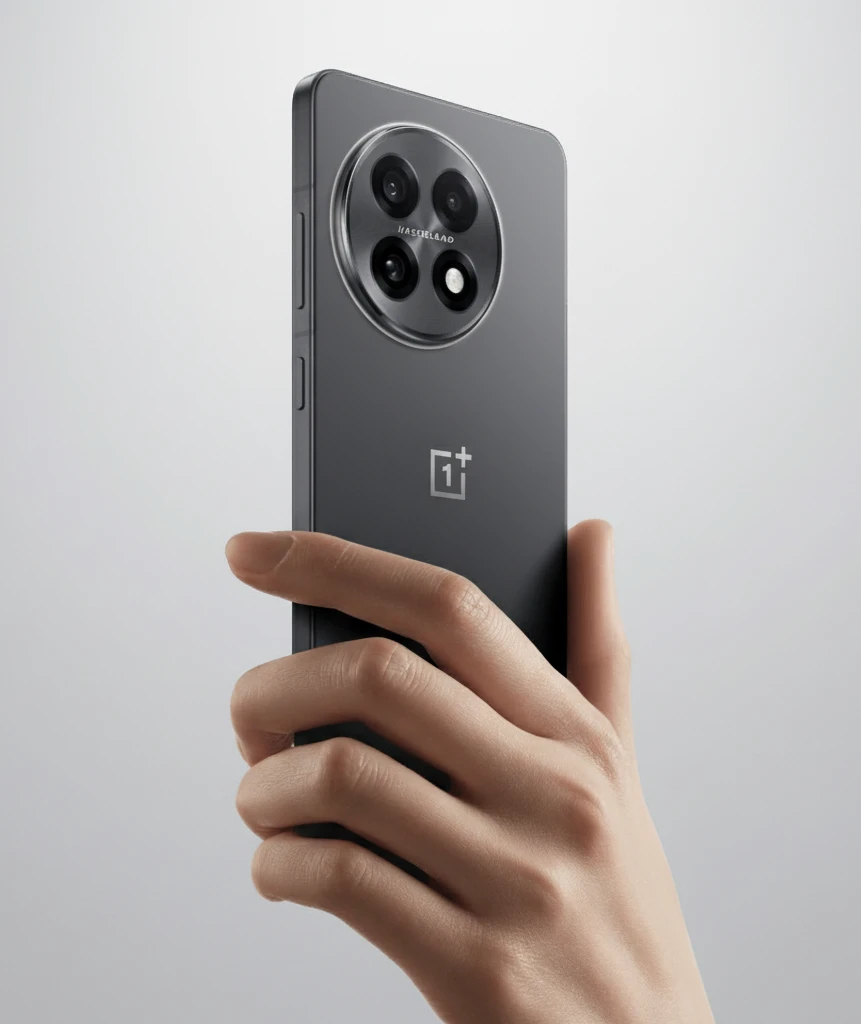 A hand holding a dark grey 5G curved display phone, showcasing its large circular camera module with "HASSELBLAD" branding and the OnePlus logo on the back.
