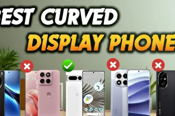A banner displaying "BEST CURVED DISPLAY PHONES" with multiple smartphone models lined up below, some marked with a red 'X' and one with a green checkmark, indicating a selection of 5G curved display phones.