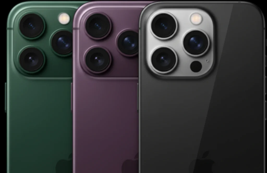 iPhone 18 Pro Max Release Date in USA: Three iPhone 18 Pro Max models in distinct colors (green, purple, black) lined up, showcasing their advanced triple-camera systems.