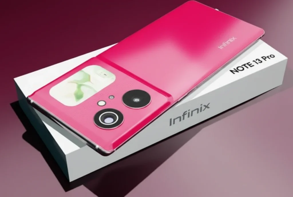 Best 108 MP Camera Phones Under ₹12,000 in India (2025) - Image of a pink Infinix Note 13 Pro smartphone lying on its box, showcasing its unique camera module design.