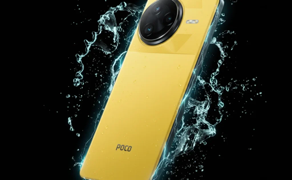 Yellow POCO smartphone with a triple camera module and water splashes, highlighting its 120W Fast Charging capability. This is one of the Best 120W Fast Charging Phones Under ₹20000.