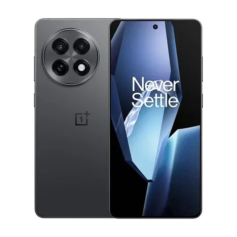 OnePlus 13R 5G smartphone in dark grey with its display showing "Never Settle," positioned as a Best AI Camera Phone.