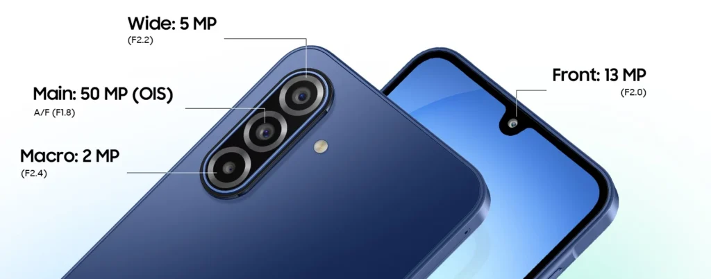Close-up of Samsung Galaxy A17 5G camera specifications showing main 50MP, wide 5MP, macro 2MP, and front 13MP, highlighting the Best AI Camera Phone features.