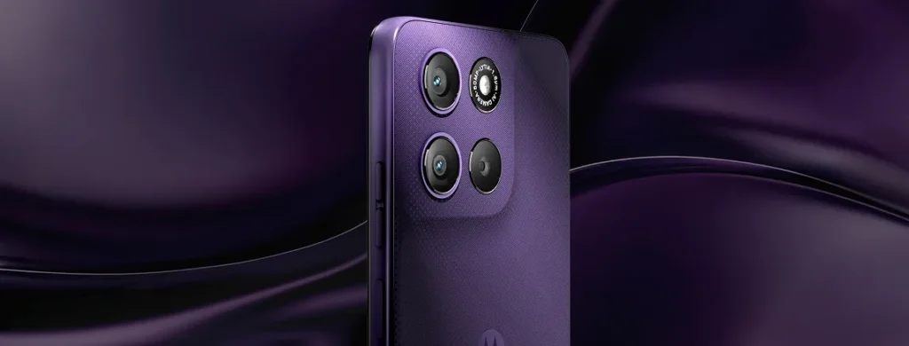 moto g67 power 5g price in india - Close-up of the purple Motorola smartphone's back, focusing on its circular triple-camera module and textured finish.