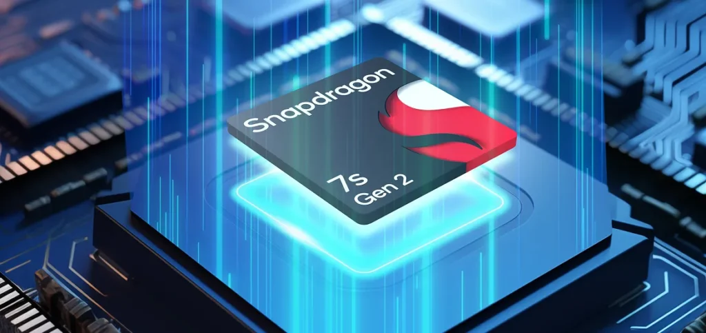 moto g67 power 5g price in india - A close-up of a Qualcomm Snapdragon 7s Gen 2 processor chip, glowing with blue light on a circuit board.