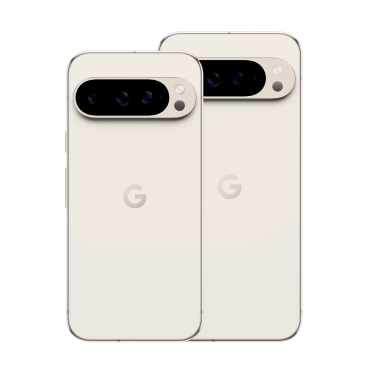 Two Google Pixel 9a concept phones in a light color, displaying the iconic 'G' logo, representing a potential Best AI Camera Phone.