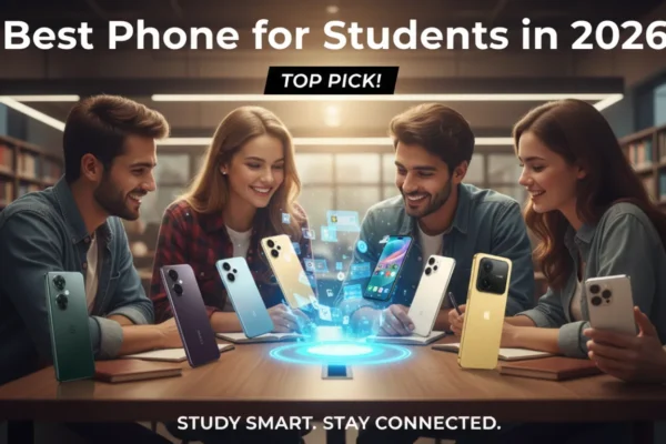 Best Phone for Students in 2026 showing students comparing smartphones while studying together