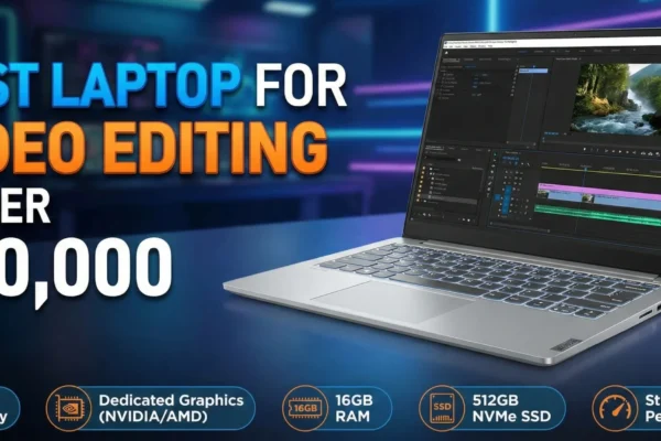 Best laptop for video editing under 50,000 with 16GB RAM, dedicated graphics, FHD display and 512GB SSD shown on a desk.