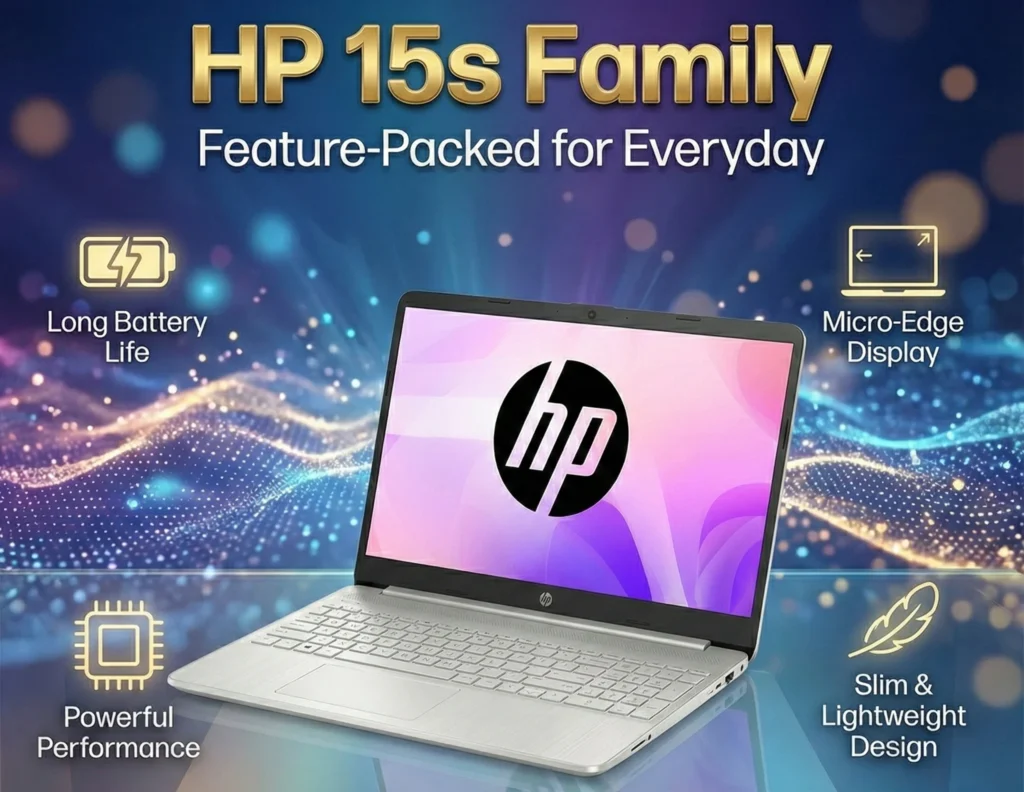 HP 15s laptop placed on a glossy surface showcasing long battery life, micro-edge display, powerful performance, and slim lightweight design.
