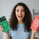 Woman holding Xiaomi Redmi Note 15 Pro Max smartphone and retail box showing design and packaging