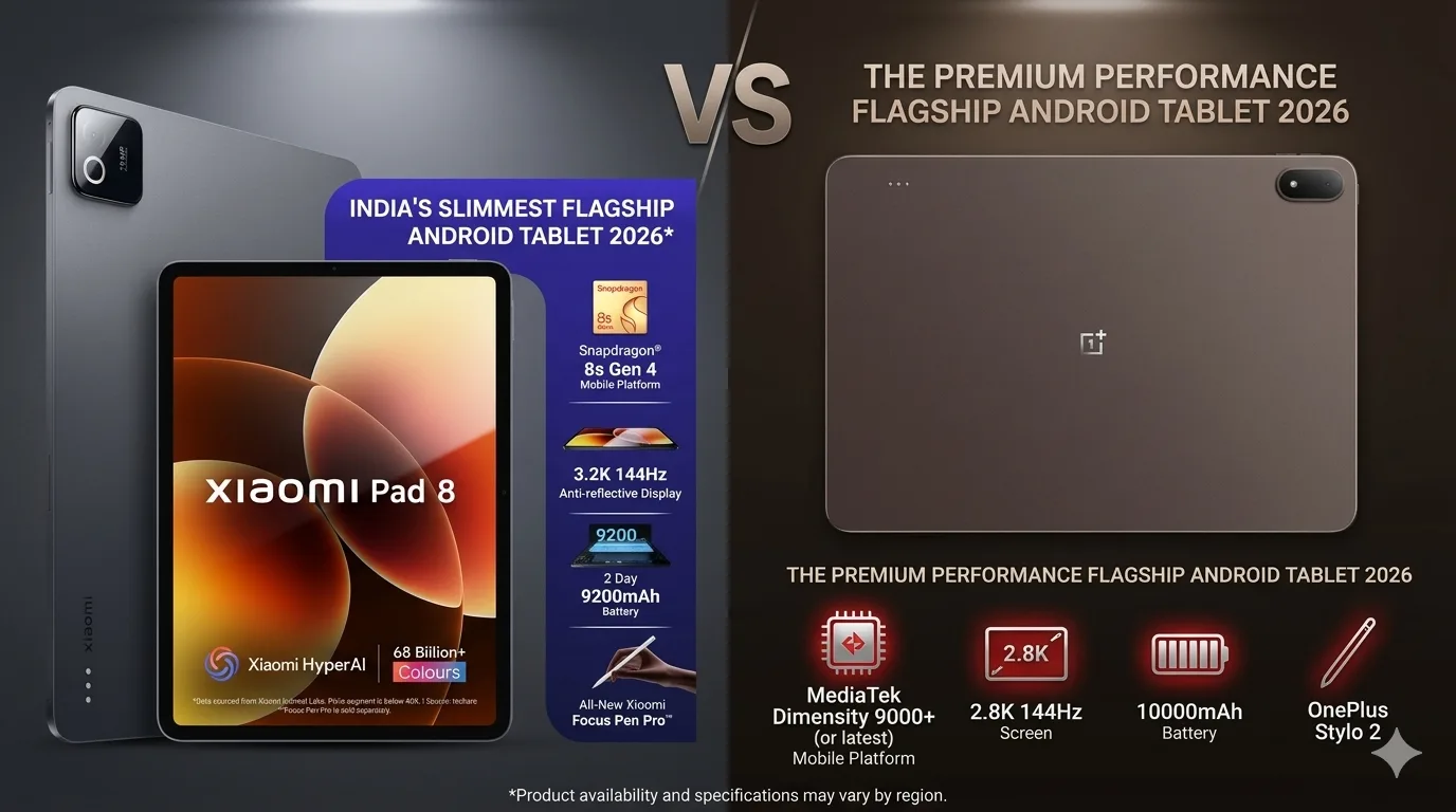 OnePlus Pad 4 vs Xiaomi Pad 8 full comparison image showing specs and features