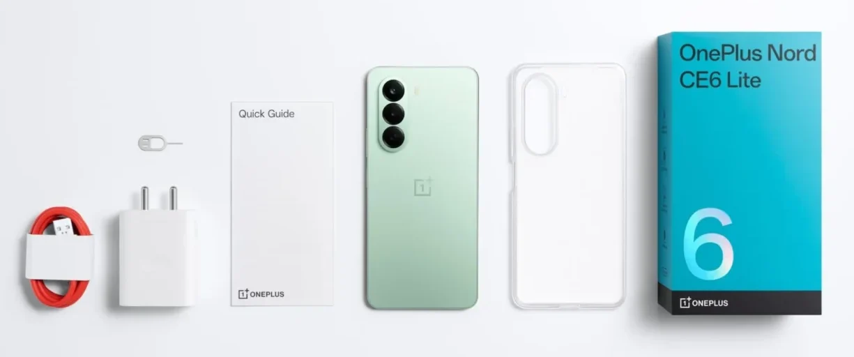 OnePlus Nord CE 6 Lite Specifications smartphone box with charger, USB cable, case, SIM ejector tool, and official accessories