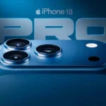 Close up render of iPhone 18 Pro Max showing triple camera design with blue premium finish