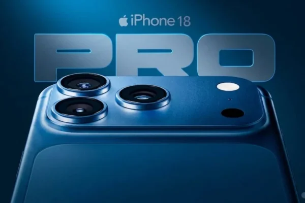 Close up render of iPhone 18 Pro Max showing triple camera design with blue premium finish