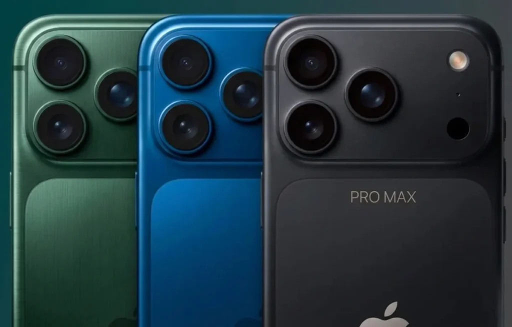 iPhone 18 Pro Max models in black blue and green colors with triple camera setup
