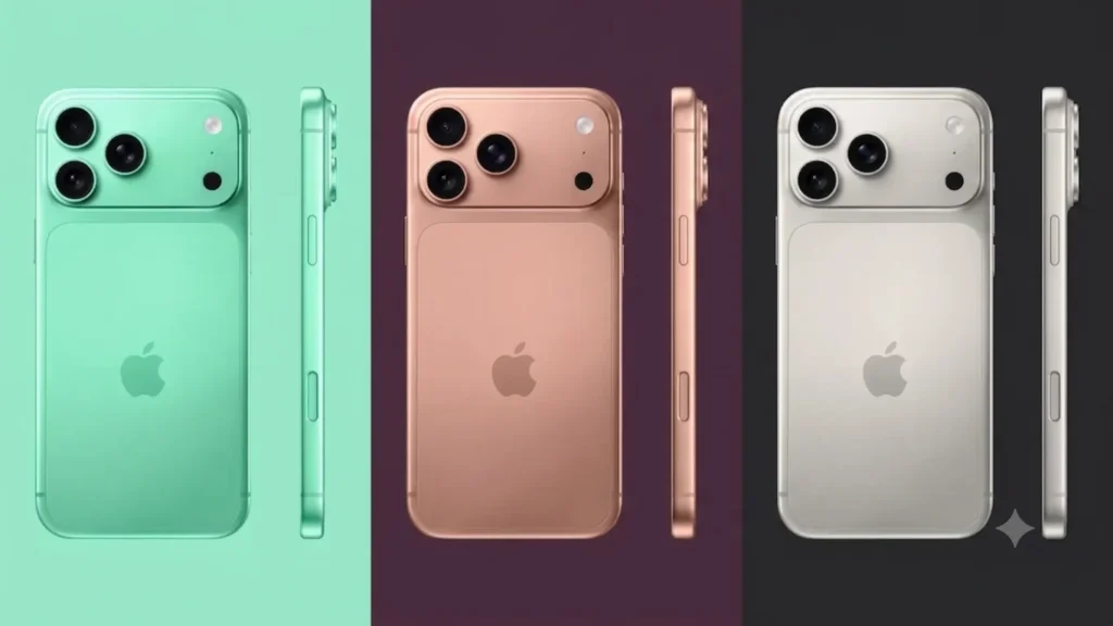 A product display showing three concept smartphone models from a rear perspective. From left to right, they are displayed against a mint green, a burgundy, and a dark grey background panel, featuring the phones in matching colors: mint green, a rose gold or copper tone, and silver-white. Each phone has a complex, multi-lens camera module at the top and a central Apple logo, alongside a separate, color-matched side-profile view of the same device.