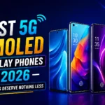Best 5G AMOLED display phones in 2026 — three premium smartphones with vibrant colorful wallpapers displayed side by side on a dark blue background.