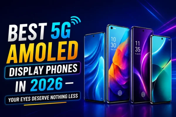 Best 5G AMOLED display phones in 2026 — three premium smartphones with vibrant colorful wallpapers displayed side by side on a dark blue background.
