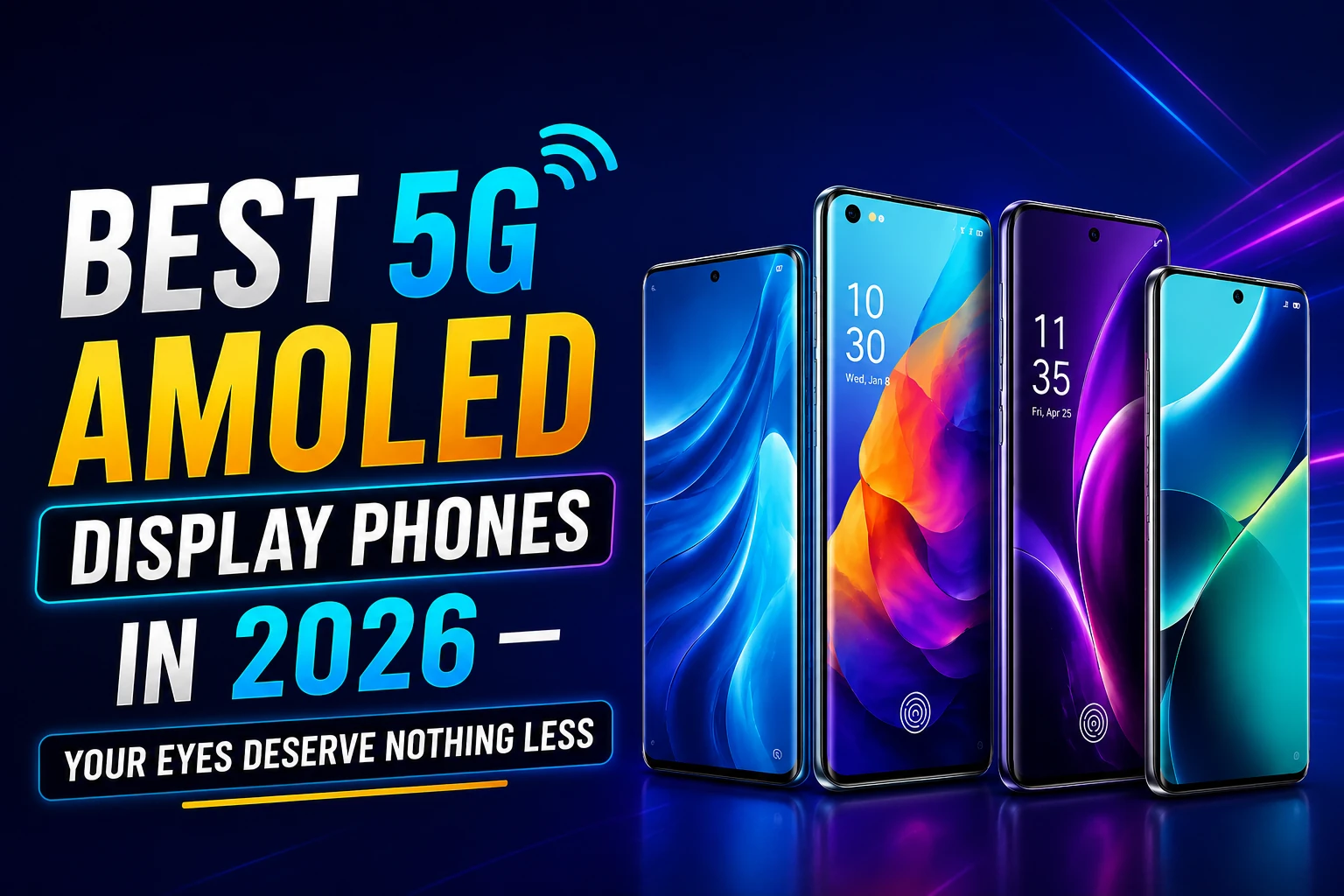 Best 5G AMOLED display phones in 2026 — three premium smartphones with vibrant colorful wallpapers displayed side by side on a dark blue background.