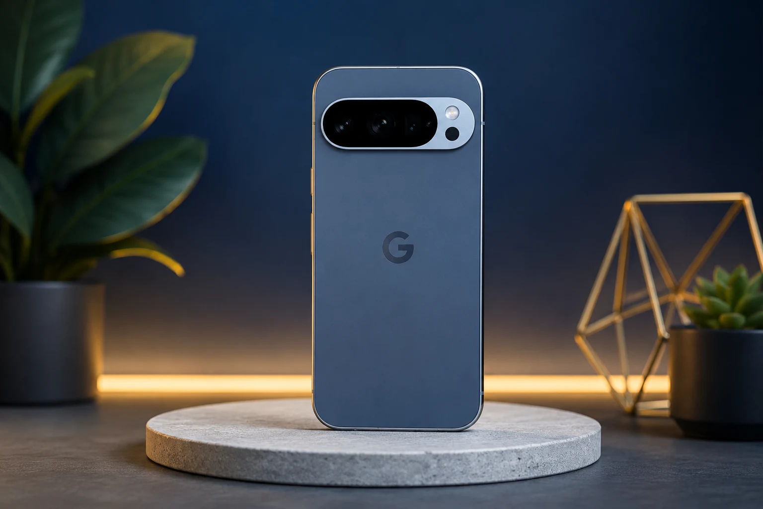 Google Pixel 10 Pro Stormy Blue rear with camera bar — best AI 5G AMOLED phone 2026