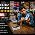 Showing a young man in a busy Indian mobile market carefully inspecting a smartphone at a shop counter. Bold text reads, "How to Check If Your Phone Is Refurbished in India (Before You Get Fooled!)" alongside a checklist of tips including checking the IMEI number, verifying the serial number, inspecting physical condition, checking battery health, reviewing warranty status, and buying from trusted sources.