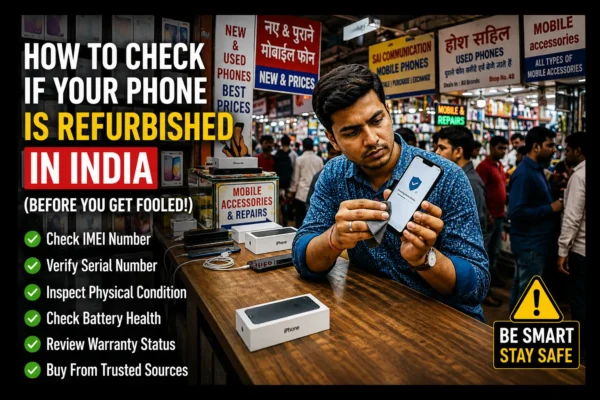 Showing a young man in a busy Indian mobile market carefully inspecting a smartphone at a shop counter. Bold text reads, "How to Check If Your Phone Is Refurbished in India (Before You Get Fooled!)" alongside a checklist of tips including checking the IMEI number, verifying the serial number, inspecting physical condition, checking battery health, reviewing warranty status, and buying from trusted sources.