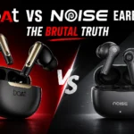 A split-screen comparison thumbnail featuring boAt earbuds on a red background and Noise earbuds on a dark gray background, with a large "VS" in the center and the text "boAt vs Noise Earbuds – The Brutal Truth" at the top.