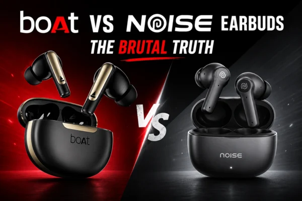 A split-screen comparison thumbnail featuring boAt earbuds on a red background and Noise earbuds on a dark gray background, with a large "VS" in the center and the text "boAt vs Noise Earbuds – The Brutal Truth" at the top.