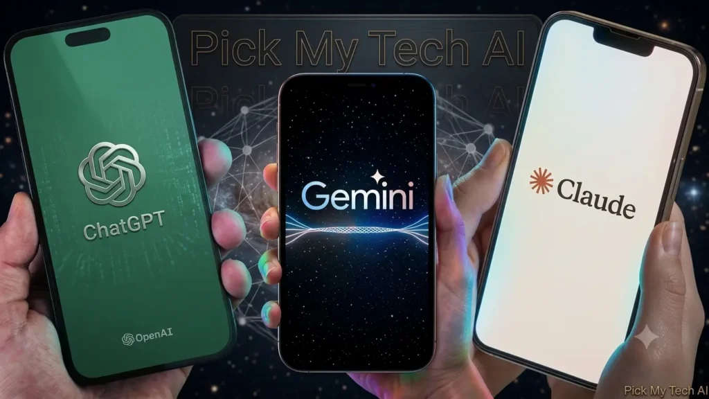 Gemini AI Chatbot compared with ChatGPT and Claude on smartphones held in hands against a dark space background