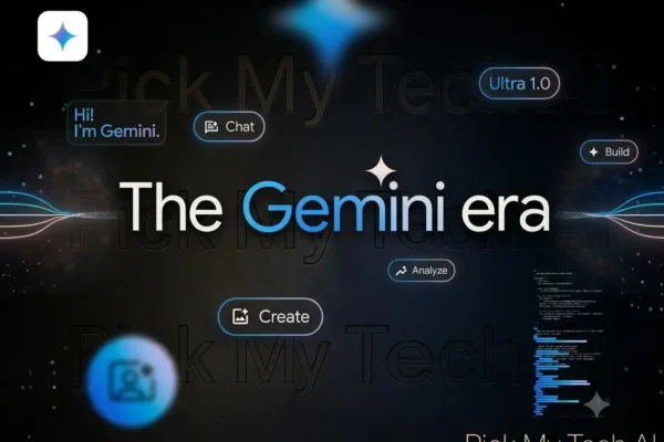 Gemini AI Chatbot interface showcasing Chat, Create, Analyze, and Build features with Ultra 1.0 on a dark cosmic background