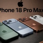 A high-end concept mockup showing four Apple iPhone 18 Pro Max smartphones lined up diagonally on a dark, brushed metal and wood-accented surface. The phones are displayed in deep forest green, slate blue, metallic bronze, and frosted silver-white. The background features a large black Apple logo and the bold text "iPhone 18 Pro Max" centered above the devices.
