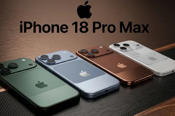A high-end concept mockup showing four Apple iPhone 18 Pro Max smartphones lined up diagonally on a dark, brushed metal and wood-accented surface. The phones are displayed in deep forest green, slate blue, metallic bronze, and frosted silver-white. The background features a large black Apple logo and the bold text "iPhone 18 Pro Max" centered above the devices.