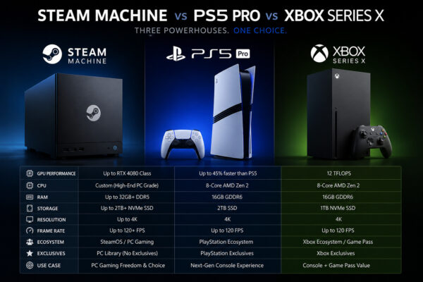 Steam Machine vs PS5 Pro vs Xbox Series X comparison showing design, performance, gaming features, and hardware differences.